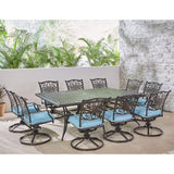 Hanover Traditions 11-Piece Modern Outdoor Dining Set with Rust Resistant Cast Aluminum Rectangular Large Dining Table and 10 Swivel Rocker Chairs with Plush Weather Resistant Blue Cushions Hanover
