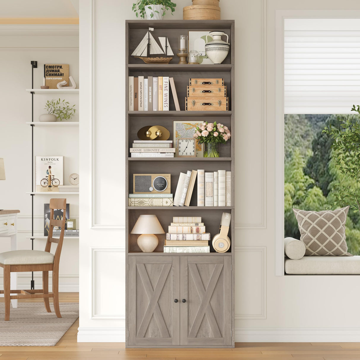 FACBOTALL 82" Tall Bookcase and Book Shelf, 24" Wide Bookshelf with Doors, 7 Tier Bookcase with Storage and Adjustable Shelf, Open and Display Farmhouse Bookshelf for Living Room, Home Office, Gray FACBOTALL