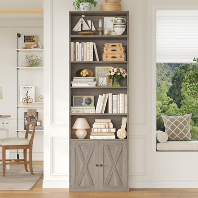 FACBOTALL 82" Tall Bookcase and Book Shelf, 24" Wide Bookshelf with Doors, 7 Tier Bookcase with Storage and Adjustable Shelf, Open and Display Farmhouse Bookshelf for Living Room, Home Office, Gray