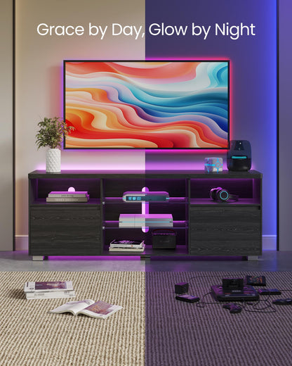 VASAGLE TV Stand with LED Lights for TVs up to 70 Inch, Entertainment Center with Open Glass Shelves, 2 Cabinets with Doors, 63-Inch Long, TV Console for Bedroom Living Room, Black ULTV330T21