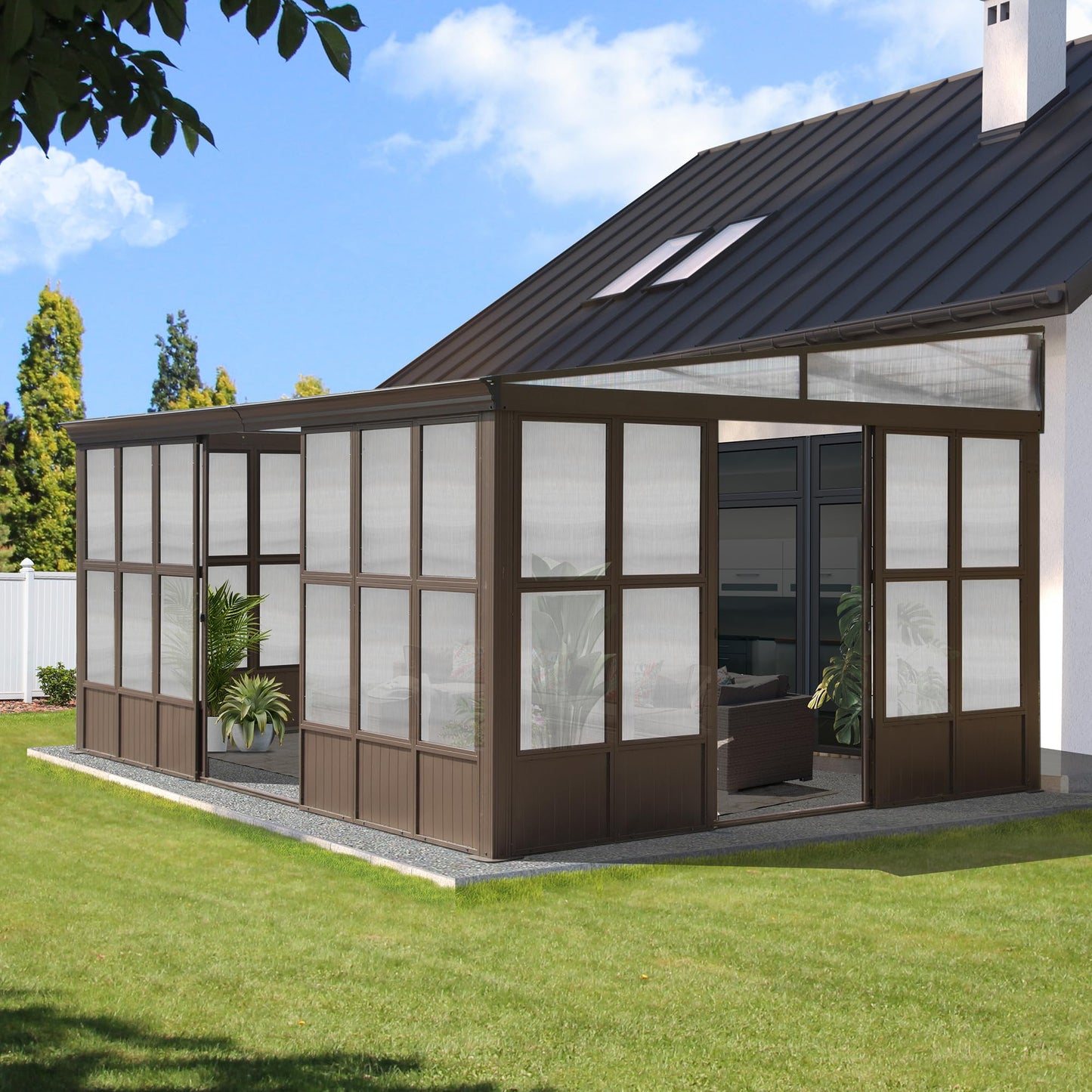 Domi Lean-to Sunroom 12x16FT, Wall Mounted Solarium with Sloping Polycarbonate Roof, Detachable Polycarbonate Screens, 2 Lockable Sliding Doors, Aluminum Gazebo Against Wall Sun Room for Patio Deck