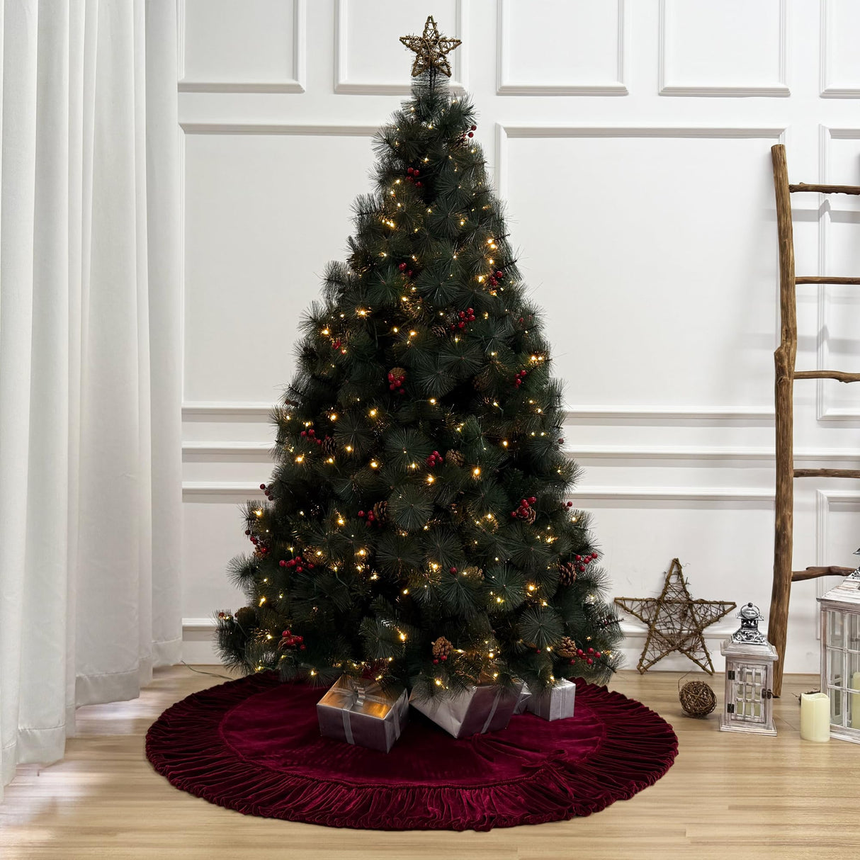 72-Inch Ruffled Velvet Christmas Tree Skirt, Thick Foam-Lined Heavy Duty Fabric with Plush Lace Ties, Wine Red Starry Dynamo