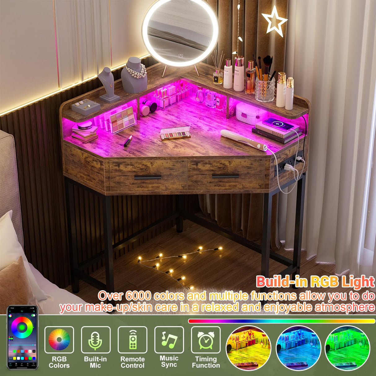 Cyclysio Corner Vanity Desk Without Mirror, Makeup Vanity Table with Lights & Power Outlets, Small Corner Vanity with Drawers for Bedroom,Small Spaces, Brown Cyclysio