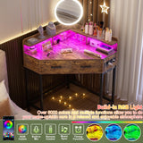 Cyclysio Corner Vanity Desk Without Mirror, Makeup Vanity Table with Lights & Power Outlets, Small Corner Vanity with Drawers for Bedroom,Small Spaces, Brown Cyclysio