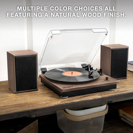 Victrola Montauk Vinyl Record Player, White Wood Finish, 3-Speed Belt Driven Turntable with Stereo Bluetooth Speaker Pair, RCA Output and 3.5mm Headphone Jack, Removable Dust Cover Victrola