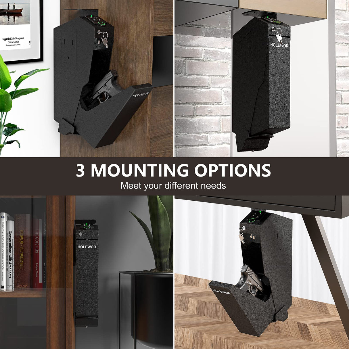 HOLEWOR Gun Safe, Biometric Gun Safe for Handgun Drop Down Pistol Safe Mounted Single Handgun Safe with Fingerprint, Passcode, Key Access for Nightstand, Desk, Bedside HOLEWOR