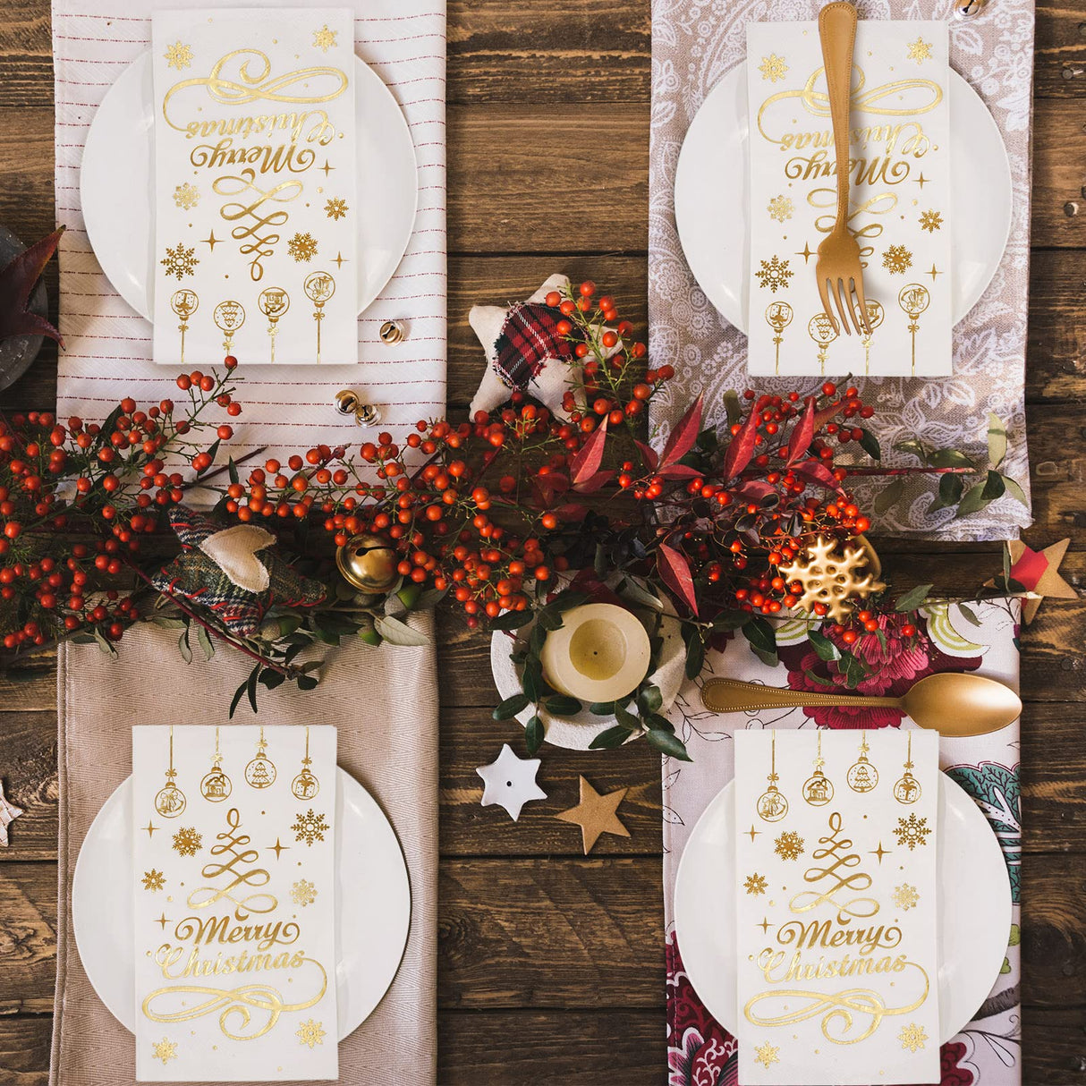 Whaline 80Pcs Christmas Guest Napkins Gold Foil 3 Ply Disposable Paper Pack Xmas Tree Snowflake Pattern Dinner Hand Towel Napkin for Xmas Party Winter Holiday Wedding Birthday Table Decorations Whaline