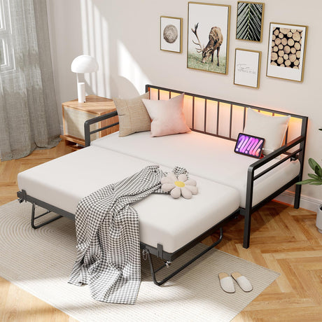 Zevemomo Twin Daybed with Pop Up Trundle, Metal Day Bed Frame with LED Lights and Charging Station, Day Bed with Trundle Bed Twin, Black Daybed for Living Room, Bedroom, Guest Room Zevemomo