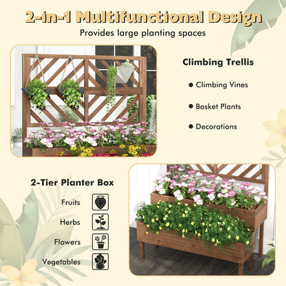 Giantex Raised Garden Bed with Trellis, 2-Tier Wooden Planter Box with Legs and Drain Holes, Garden Trellis for Vine Fruit Vegetable Flower Herb, Outdoor Elevated Garden Bed (Brown) - WoodArtSupply