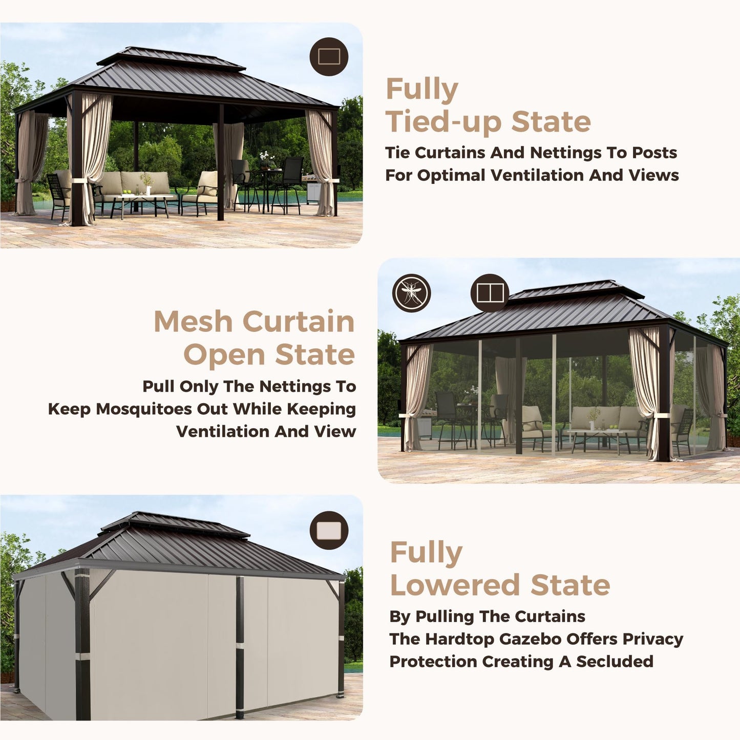 MIXPATIO 12' x 18' Hardtop Gazebo, Galvanized Steel Metal Double Roof Gazebo, Permanent Outdoor Metal Pavilion with Curtain and Netting for Deck, Backyard, Patio, Lawns - WoodArtSupply