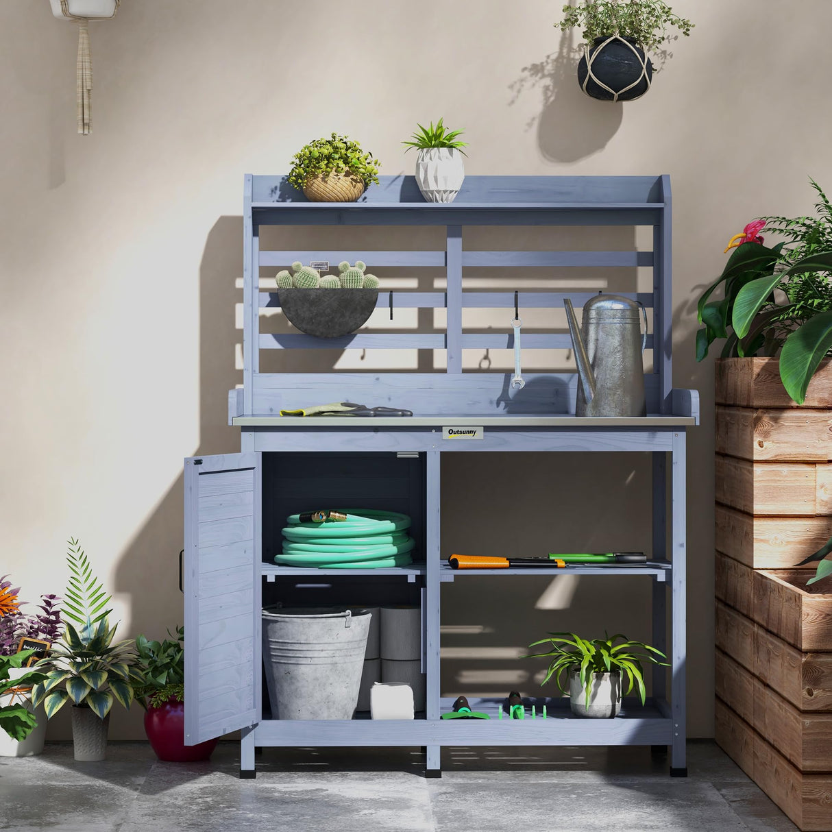 Outsunny Outdoor Wooden Potting Bench Table, Garden Workstation with Storage Cabinet, Storage Shelves for Backyard, Patio, Balcony, Gray Outsunny