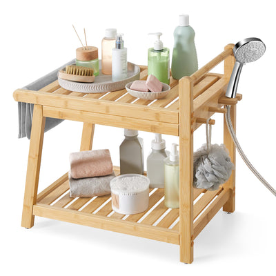 SONGMICS Bamboo Shower Bench with Storage Shelf, Shower Chair, Water Resistant Shower Stool with Handle and Hooks, Shower Head Holder, Non-Slip Feet, for Bathroom, Adults, Natural Beige UBCB121N01