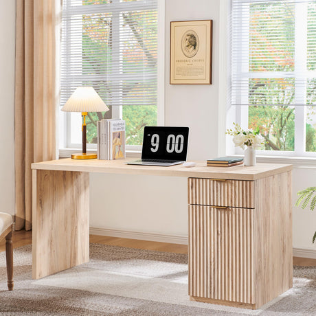 JXQTLINGMU 60" Modern Executive Desk with Storage, Wood Home Office Desk with Drawer & Cabinet, Fluted Computer Writing Desk for Study, Living Room, Bedroom, Antique White JXQTLINGMU