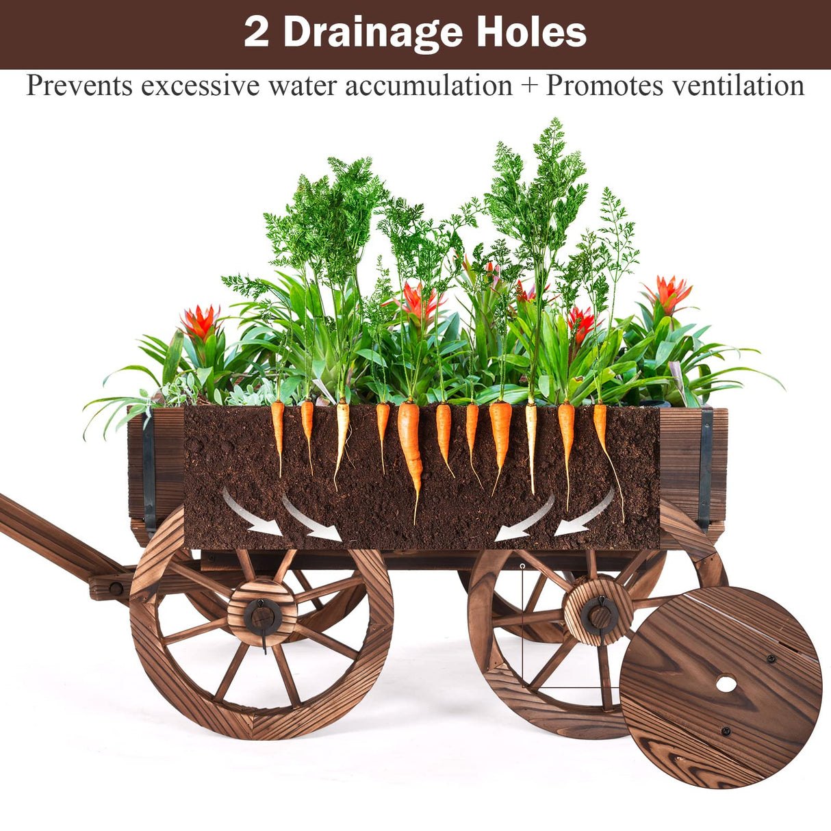 S AFSTAR Wooden Wagon, Wood Flower Planter Pot Stand with 4 Wheels & Drainage Holes, Amish Wagon Planter, Rolling Pot Stand Wood Wagon for Outdoor Plants Garden Decorative Garden Planter, Brown S AFSTAR