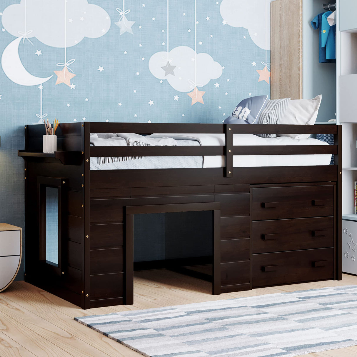 Merax Twin Size Loft Bed, Wood Bedframe for Kids Teens Adults Bedroom with Cabinet, Shelf, Stairs, Espresso Merax