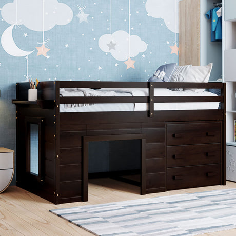 Merax Twin Size Loft Bed, Wood Bedframe for Kids Teens Adults Bedroom with Cabinet, Shelf, Stairs, Espresso Merax