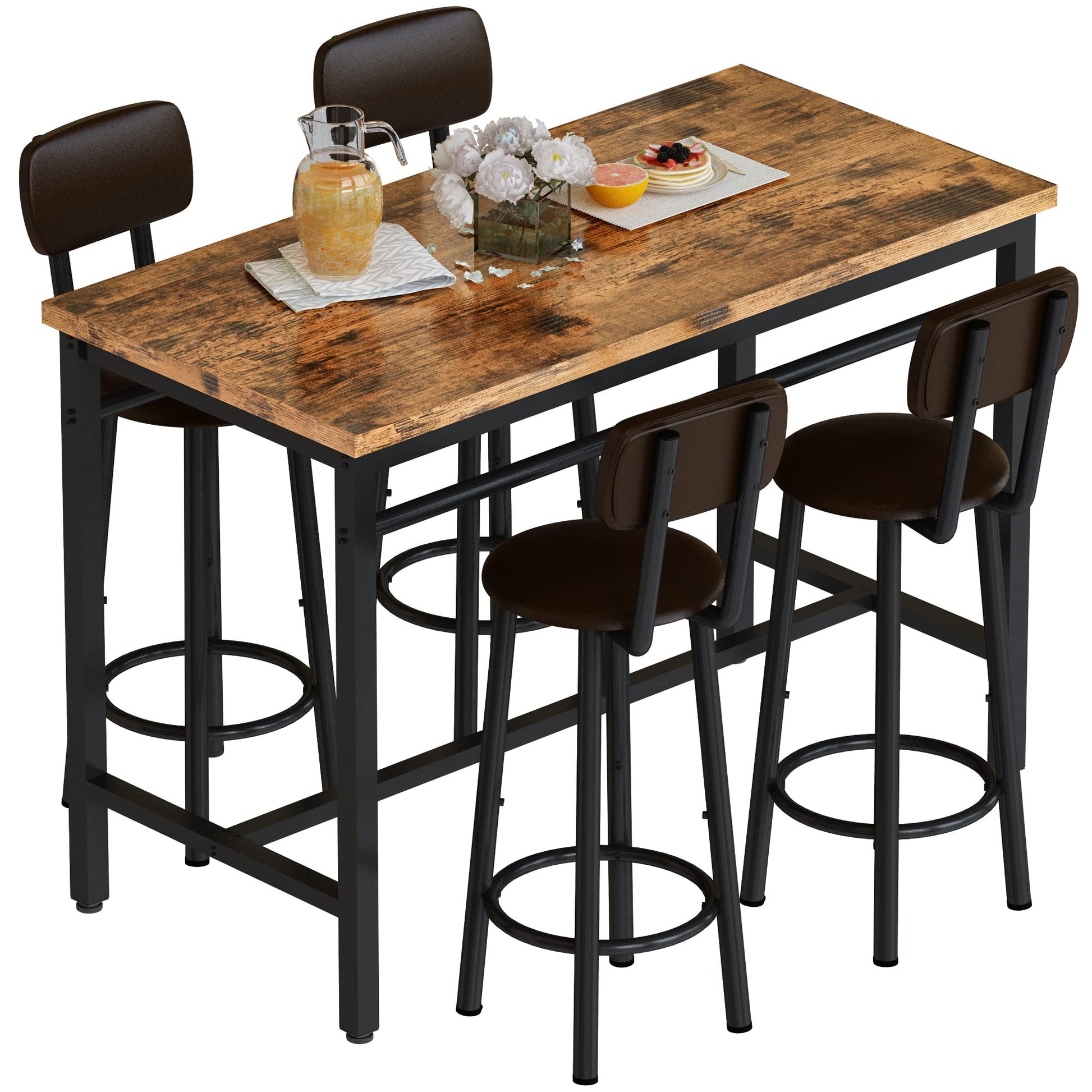 Lamerge Industrial Wood Bar Table Set with 4 Ergonomic Chairs - Space-Saving Kitchen Dining Furniture - WoodArtSupply