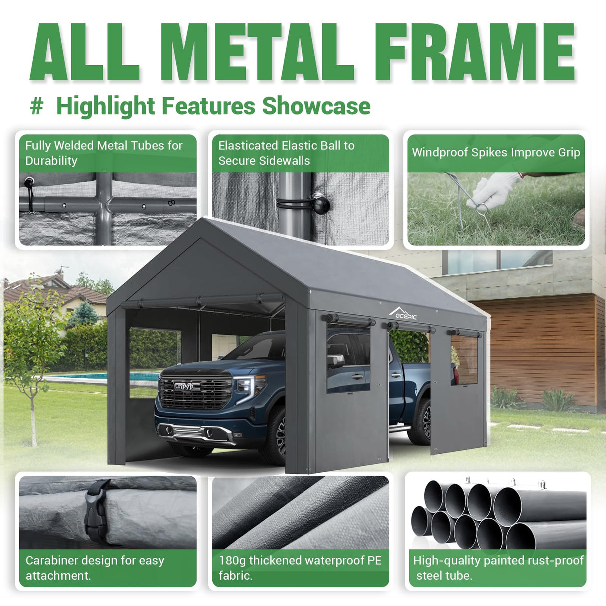 Acepic Carport 10x20ft Heavy Duty Carport Features Roll-up Windows & Doors, Portable Garage with UV Resistant Waterproof All-Season Tarp for Car, Truck, Boat Acepic