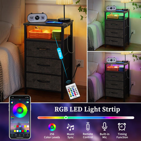 Yoobure Night Stand with Charging Station, 20 Colors LED Nightstand with USB Ports and Outlets, End Table with 3 Fabric Drawers and Storage Shelf, Bedside Tables Small Dresser for Small Space, Gray Yoobure