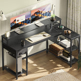 SUPERJARE 53 inch Reversible L Shaped Desk with LED Lights & Power Outlets, Computer Desk with Shelves & Monitor Stand, Gaming Desk with Drawer, Home Office Desk Corner Desk, Black SUPERJARE