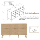 Rovaurx 9 Drawer Double Dresser for Bedroom, Rattan Chest of Dressers, Modern Wooden Dresser Chest with Golden Handles, Beside Table for Closet, Living Room and Entryway, Natural RDG002M Rovaurx