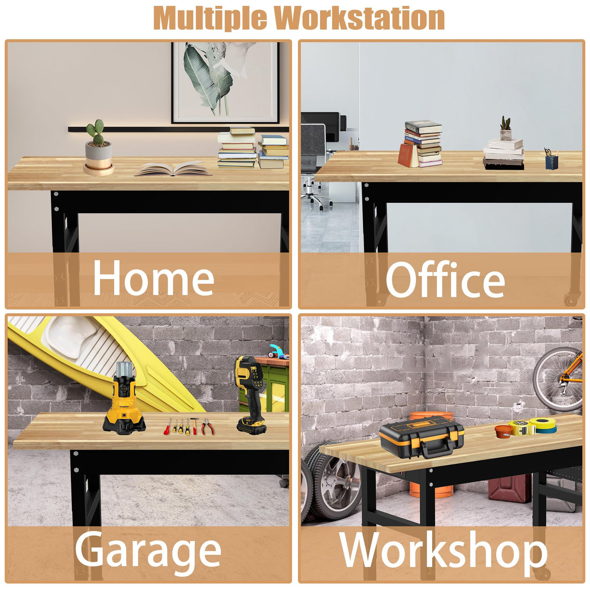 60" Adjustable Workbench，Multifunctional Rolling Heavy Duty Workbench with Wheels，Suitable for Large Capacity Rubberwood Countertop Workbench for Garage, Office, Workshop IBXFO