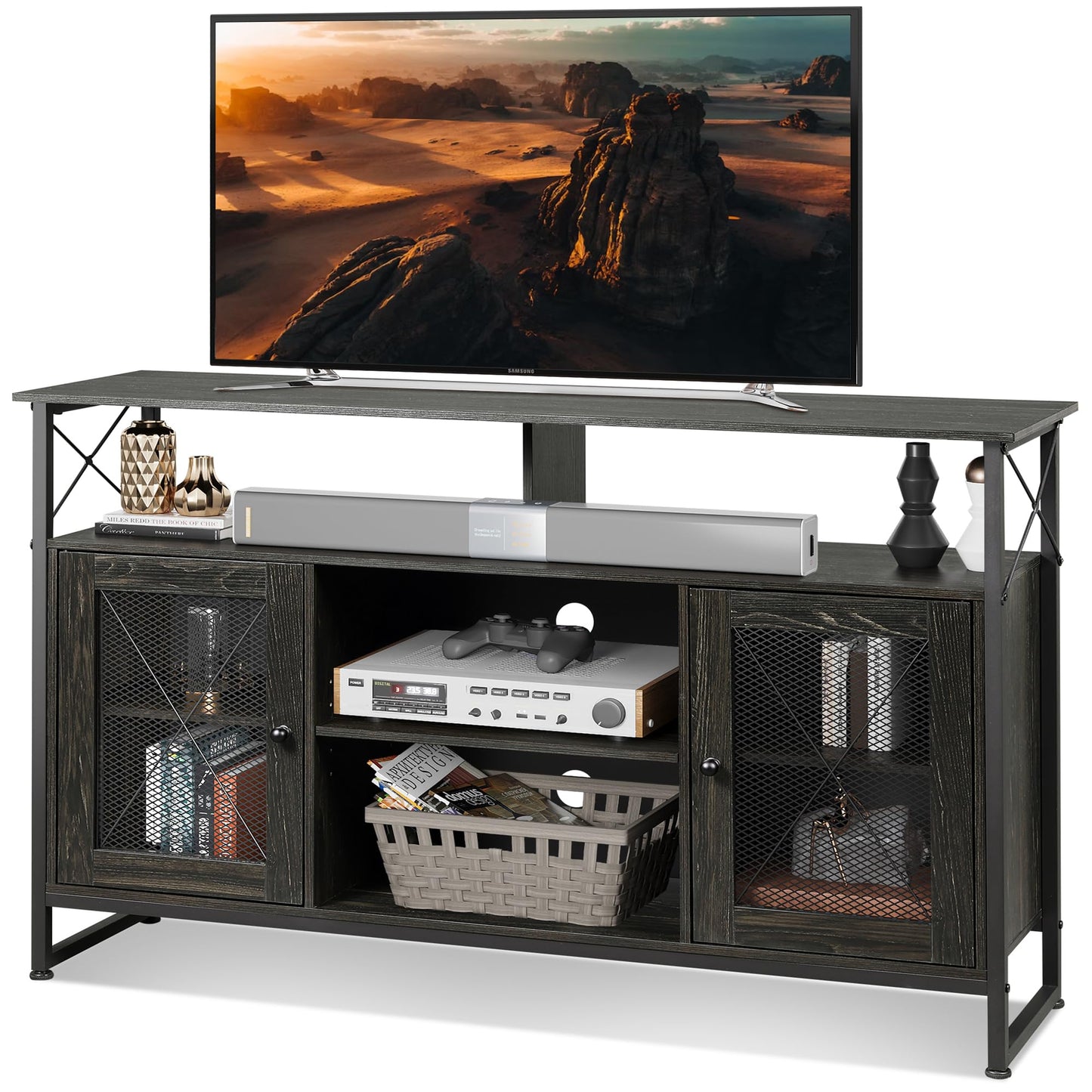 WLIVE TV Stand 55 inch TV,Tall Entertainment Center with Storage, Farmhouse Industrial TV Console for Bedroom Living Room, Charcoal Black