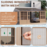 EROMMY 10' x 16' Sunroom, Wall Mounted Gazebo Solarium with Drainage Trough, Polycarbonate Roof, Lean to pergola for Garden, Permanent Sun Room with Lockable Sliding Doors, Brown EROMMY