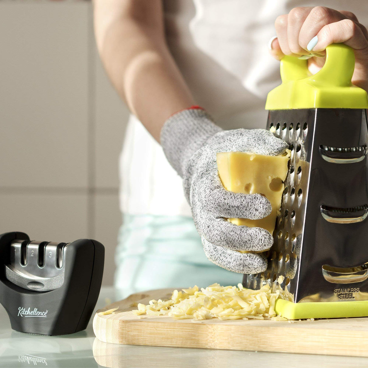 4-in-1 Kitchen Knife Accessories: 3-Stage Knife Sharpener Helps Repair, Restore, Polish Blades and Cut-Resistant Glove (Black) KITCHELLENCE