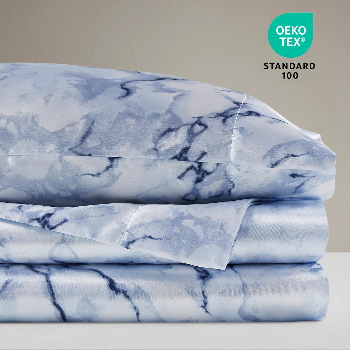 Madison Park Essentials Satin Sheet Set Luxuriously Smooth on Hair & Skin, Lustrous, Silky Bedding, All Seasons Sheets, Elastic Deep Pocket Sheet Fits Up to 16" Mattress, Queen Blue Marble 4 Piece Madison Park