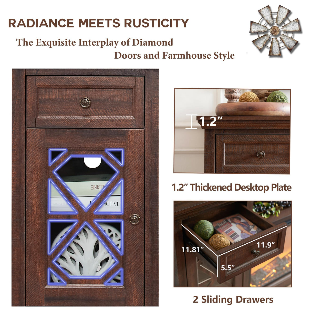 IFGET Farmhouse Fireplace TV Stand with 36" Electric Fireplace for 80 Inch TVs, 31" Tall Entertainment Center w/Drawer & Diamond Panel Door, Highboy Media Console for Living Room, 70inch, Brown IFGET