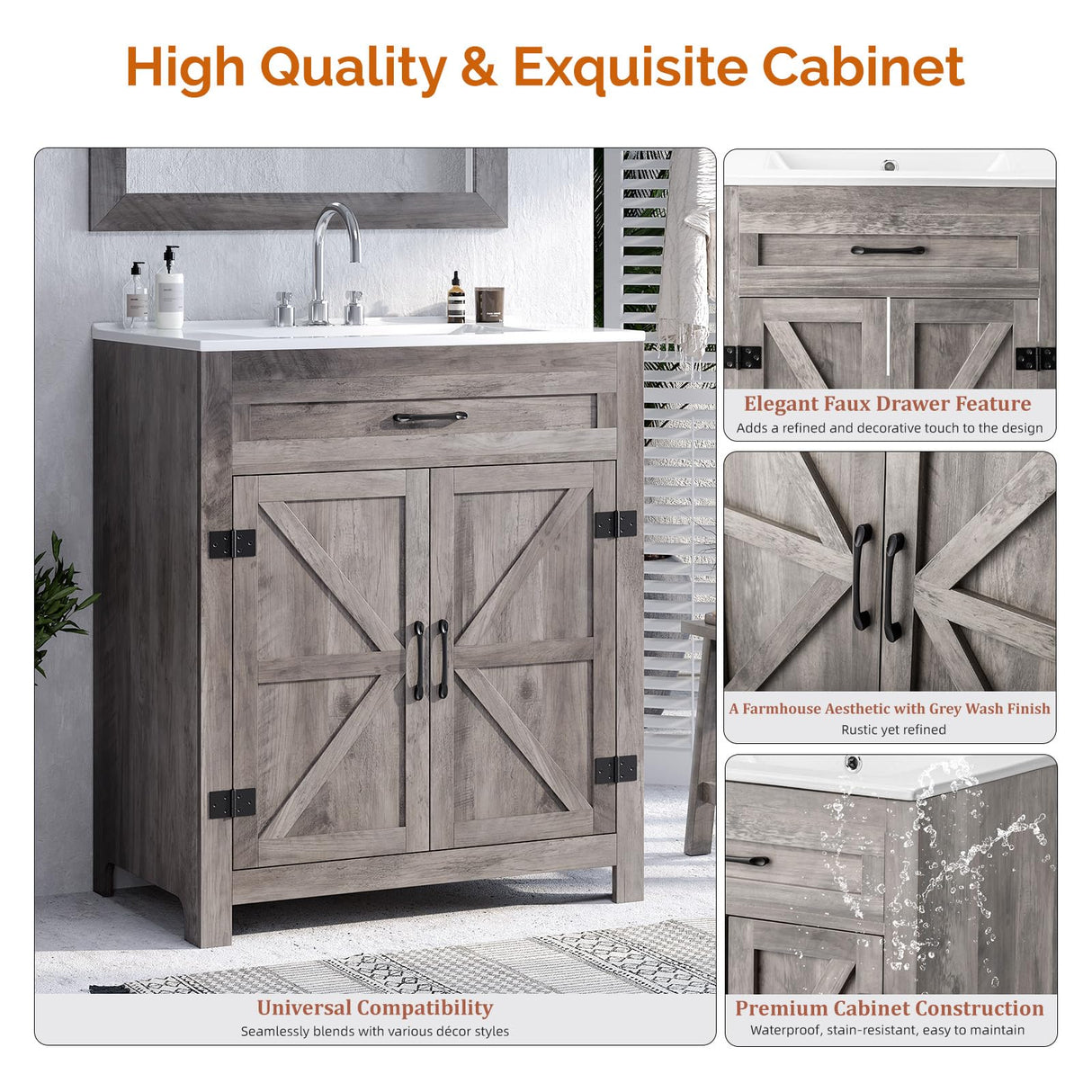 VINGLI Farmhouse Bathroom Vanity with Ceramic Sink, Bathroom Vanity Cabinet w/Barn Door&Faux Drawer, 30 Inch Bathroom Sink Cabinet Combo, Rustic Floor Storage Cupboard,Grey Wash VINGLI
