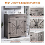 VINGLI Farmhouse Bathroom Vanity with Ceramic Sink, Bathroom Vanity Cabinet w/Barn Door&Faux Drawer, 30 Inch Bathroom Sink Cabinet Combo, Rustic Floor Storage Cupboard,Grey Wash VINGLI