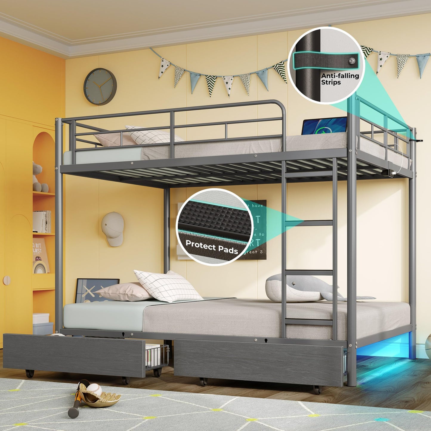 Rolanstar Metal Bunk Bed Full Over Full with USB Charging Station, LED Bunk Bed with 2 Storage Drawers, Bed with Safety Guardrail & Ladders, No Box Spring Needed, Easy Assembly, Grey