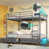 Rolanstar Metal Bunk Bed Full Over Full with USB Charging Station, LED Bunk Bed with 2 Storage Drawers, Bed with Safety Guardrail & Ladders, No Box Spring Needed, Easy Assembly, Grey Rolanstar