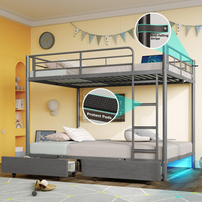 Rolanstar Metal Bunk Bed Full Over Full with USB Charging Station, LED Bunk Bed with 2 Storage Drawers, Bed with Safety Guardrail & Ladders, No Box Spring Needed, Easy Assembly, Grey