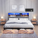 Meitewei Queen Bed Frame with Hidden Storage Headboard and 2 Drawers, LED Bed Frame with Charging Station, Metal Platform Bed Frame, No Box Spring Needed, Vintage Brown Meitewei