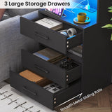 Tall Black Nightstand Set with LED Lights, Charging Station, and Bookshelf - Modern Storage Solution for Bedrooms VIAGDO