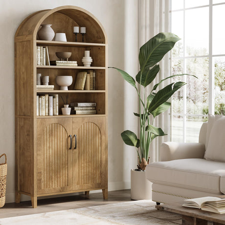 LITTLE TREE 70.9 Inches Tall Arched Bookcase, 8-Tier Bookshelf with Doors & Adjustable Shelves, Farmhouse Big Bookcase for Living Room, Large Vertical Storage Cabinet for Home Office, Oak Color LITTLE TREE