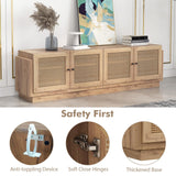 Tangkula Farmhouse TV Stand for TVs Up to 75-Inch, PE Rattan Entertainment Center with Storage and Adjustable Shelves, Mid Century Modern TV Console with 2 Cabinets and 8 Cable Holes for Living Room Tangkula