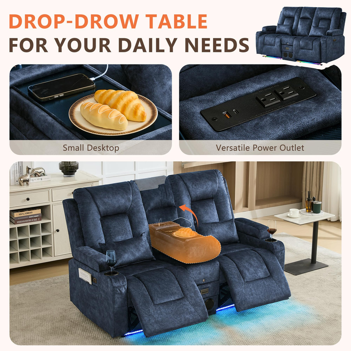 Houjud Power Reclining Loveseat Recliner Sofa with Console, Wall-Hugger RV Couch with USB Ports, Cup Holders, Bluetooth Speakers & Ambient Lighting for Home Theater or Camper, Velvet, Blue Houjud