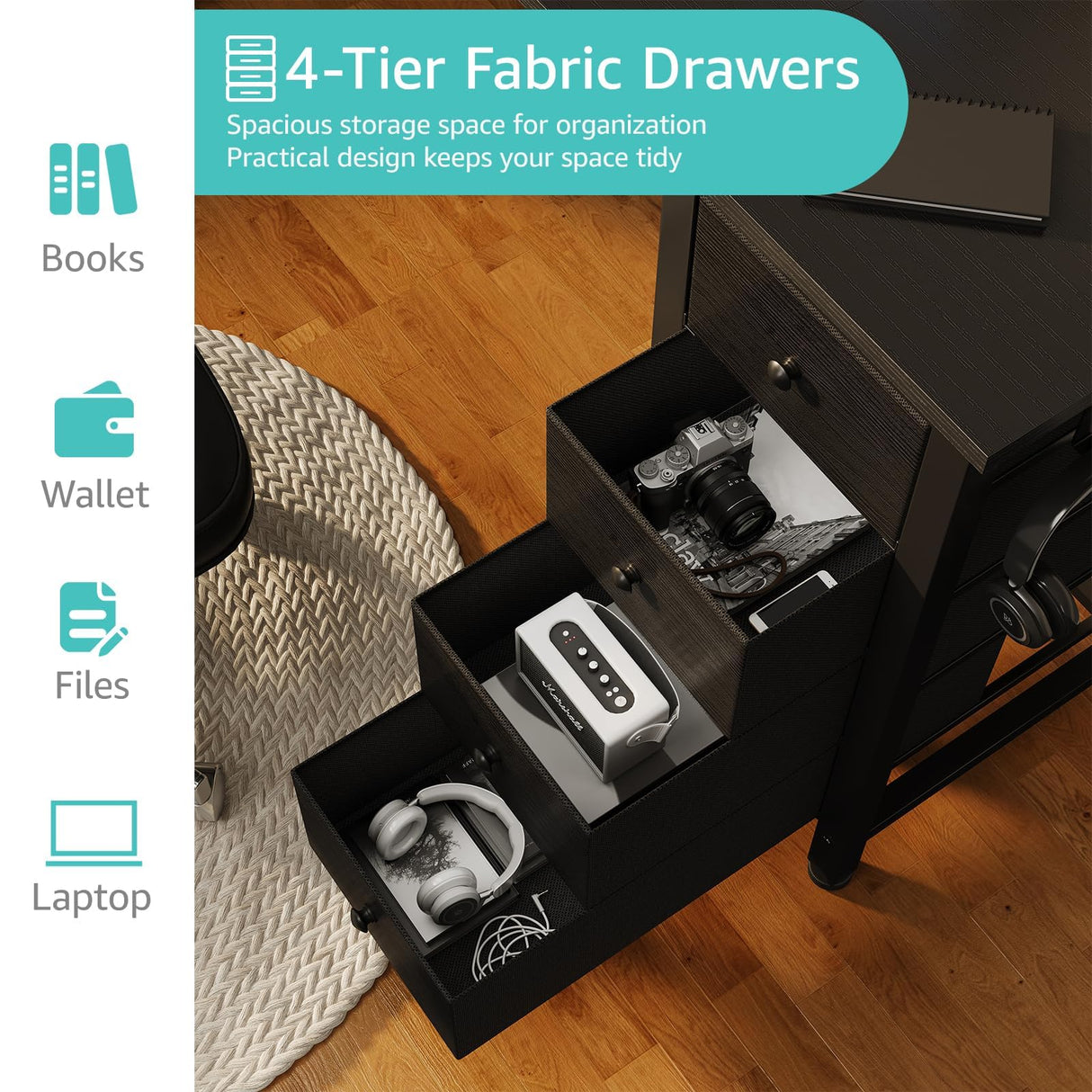 Lufeiya Gaming Desk with 4 Fabric Drawers & Storage Shelves, 63 inch Computer Writing Work Study Desk for Home Office Bedroom, Modern Simple Student PC Desks Table, Black Lufeiya