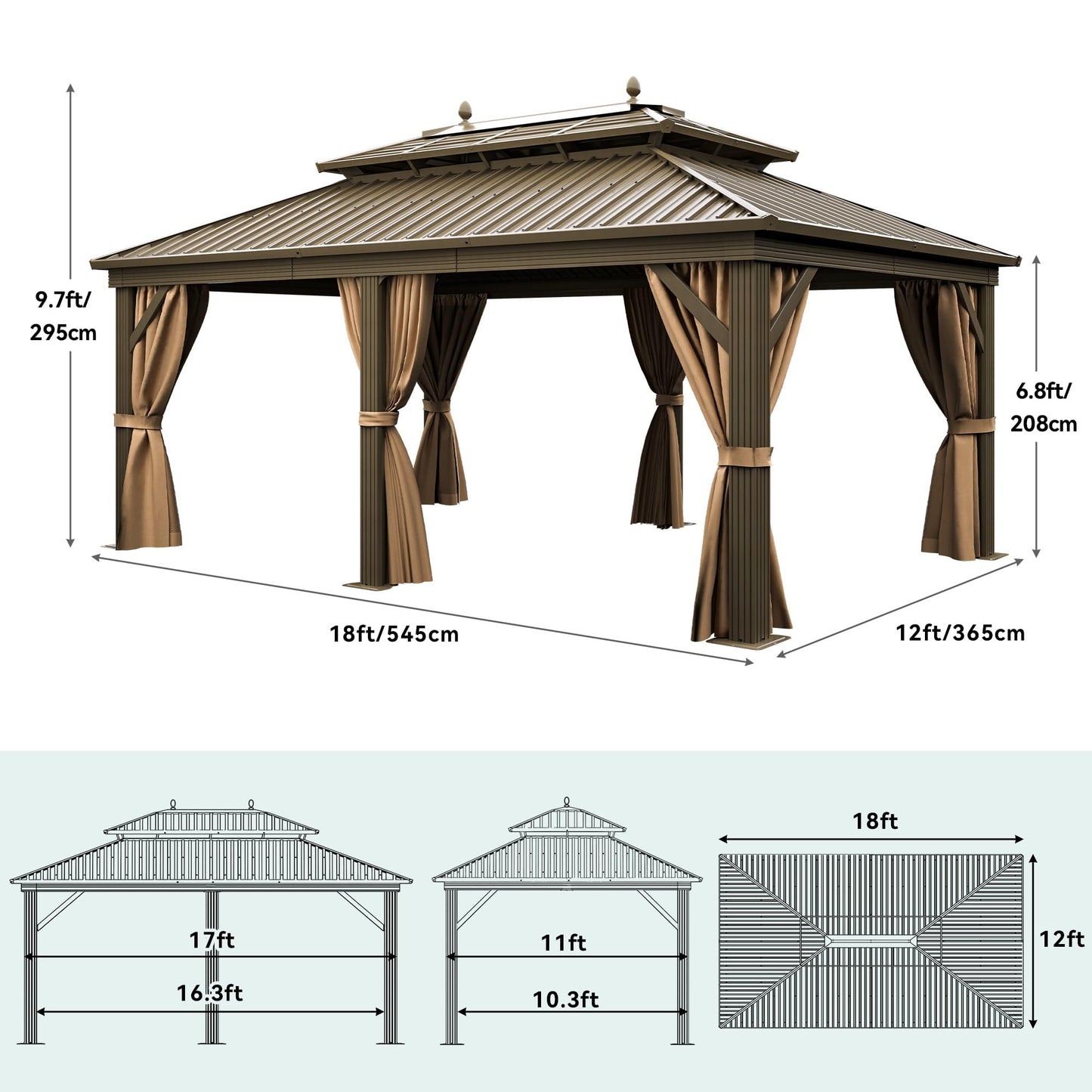 YITAHOME Gazebo 12x14ft Hardtop Heavy Duty Double Roof Outdoor Upgraded Galvanized w/Nettings Curtains Steel Combined of Horizontal Vertical Stripes Roof for Patio, Backyard, Deck, Lawn (Bron - WoodArtSupply