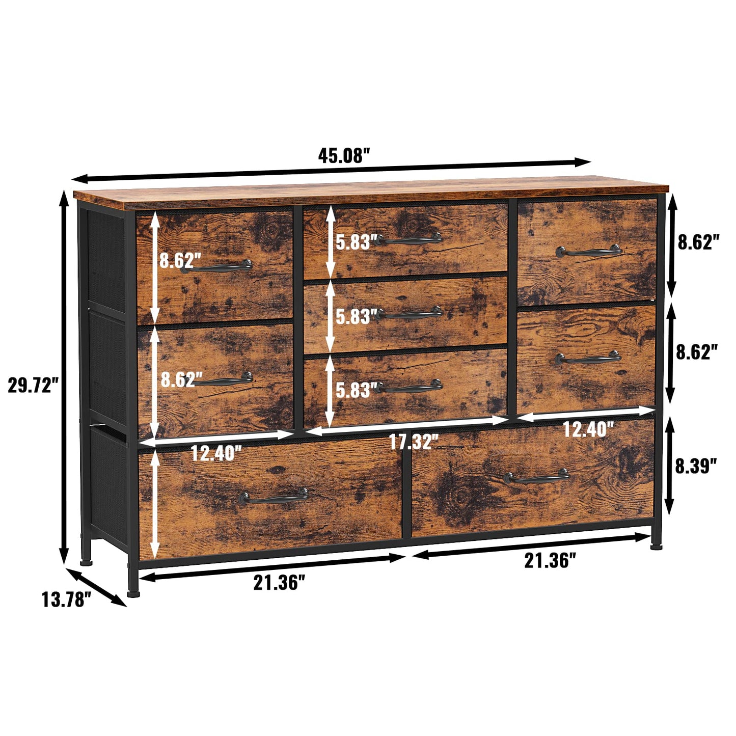 Furnulem Wide Dresser with 9 Large Drawers for 55'' Long TV Stand Entertainment Center,Wood Shelf Storage for Bedroom,Living Room,Closet,Entryway,Sturdy Metal Frame (Rustic Brown - WoodArtSupply