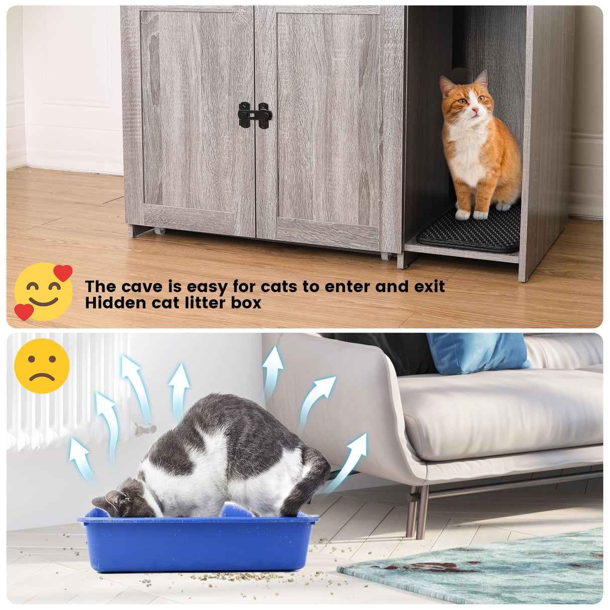 STMHOM 60 Inch Tall Cat Litter Box Enclosure Furniture with Shelves, Hidden Cat Litter Box Furniture 32" x 19" x 60", Wooden Litter Box Cabinet with Sockets and Pull Out Tray, Grey STMHOM