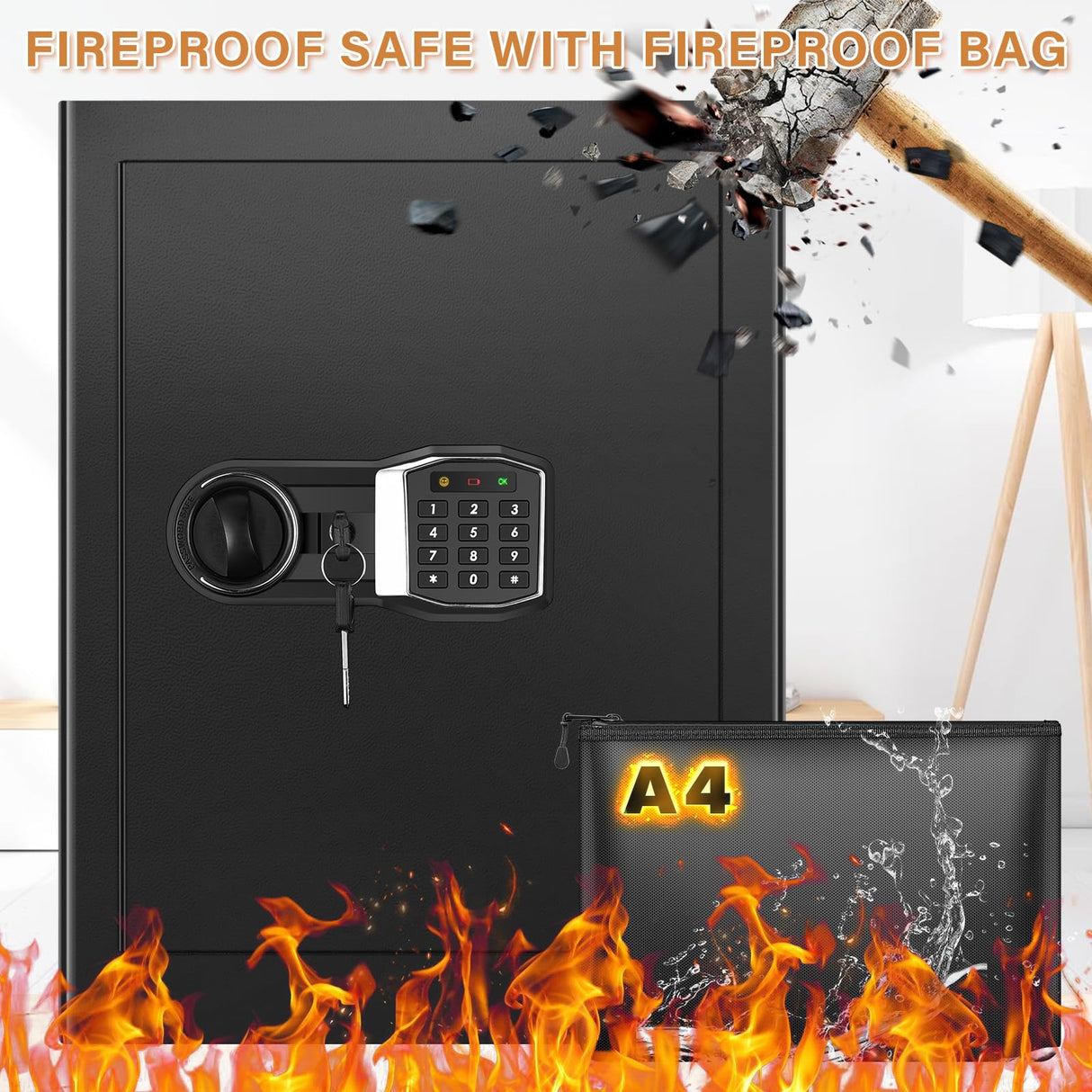 3.3 Cub Home Safe Fireproof Waterproof, Large Fire proof Safe Box with Fireproof Bag, Digital Keypad Key and Removable Shelf, Personal Security Safes for Home Money Jewellery Documents Valuables Pockrif