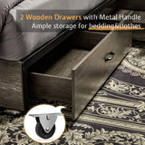 VanAcc Rustic Grey Queen Size Wooden Platform Bed Frame with Bookcase Headboard & Storage Drawers VanAcc