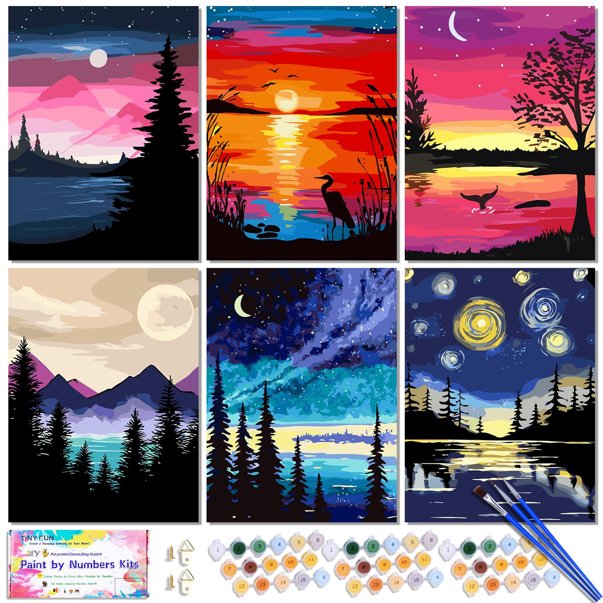 TINY FUN 6PC Paint by Number Kit for Adults DIY Oil Painting Kit 12x16 Inch Unframed Canvas, Nature Landscape Art Beginner Friendly Craft Kits for Home Decor Gift TINY FUN