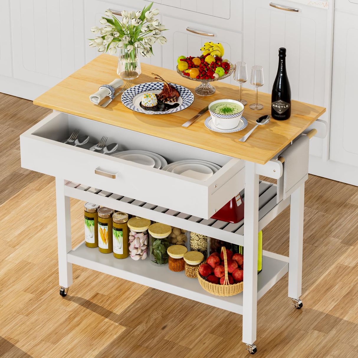 HiDSLiving Kitchen Island 42" Rolling Kitchen Island Cart On Wheels with Drawer Towl Rack 3 Tiers Rolling Utility Cart with Solid Wood Top Serving Trolley for Dining Room White HiDSLiving