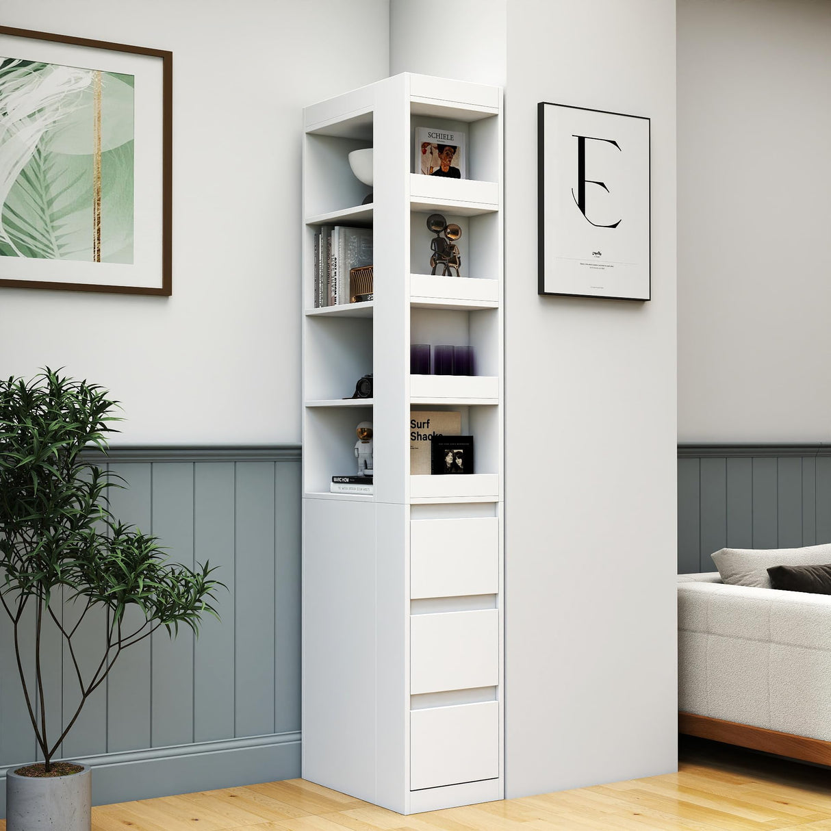 KEIKI 70.87" H Display Storage Cabinet with 4-Tier Shelf, 3 Side Drawers & 4 Small Display Shelves, Modern Wooden Tall Bookshelf Bookcase for Living Room, Office, White (Style A) KEIKI